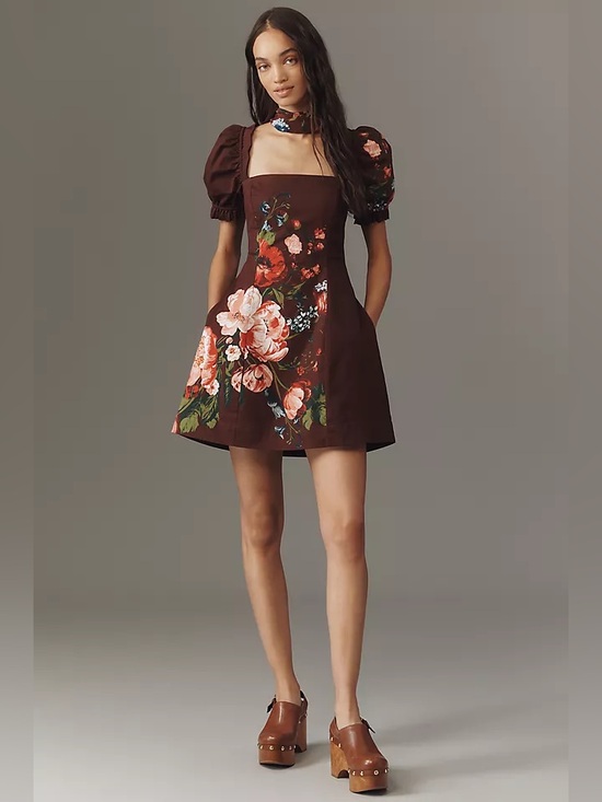 Anthropologie Dresses & Skirts - Anthropologie Maeve Puff Sleeve Square Neck Floral Mini Dress Floral Maroon Sz S